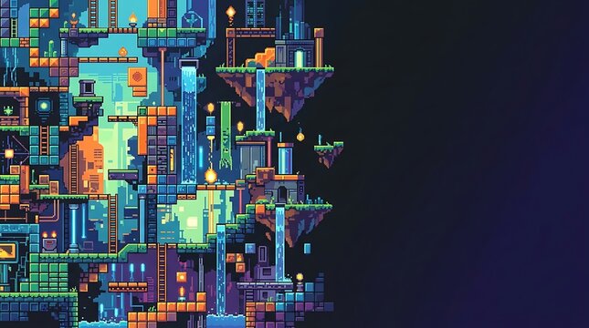 Pixel art fantasy game level with floating islands and waterfalls