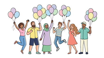 Fototapeta premium Diverse Group Celebrating with Colorful Balloons - Happy People Vector Illustration