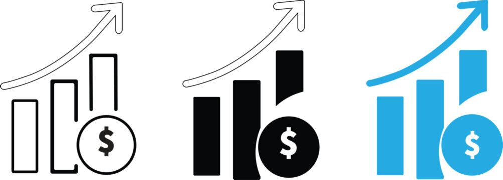 Set of three financial growth icons with rising arrow and dollar coin symbol