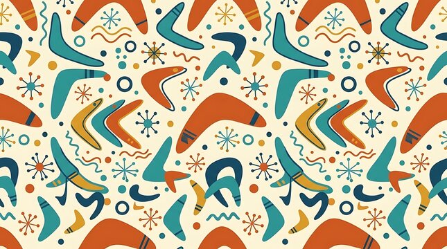 Retro mid century modern seamless pattern with boomerangs and stars