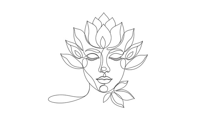 Minimalist continuous line art illustration of a serene woman's face merged with a blooming lotus flower on white background