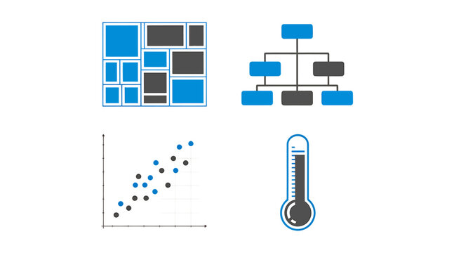 Four distinct icons representing data visualization and analysis tools.
