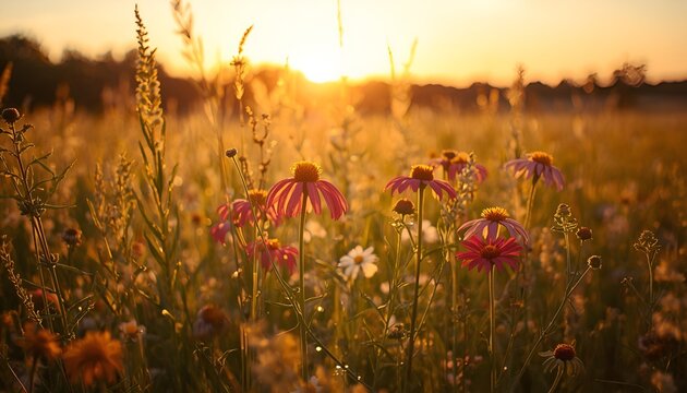 Midwest Prairie Filled with Blooming Summer Wildflowers in Warm Golden Sunset Light, Scenic Natural Grassland Landscape