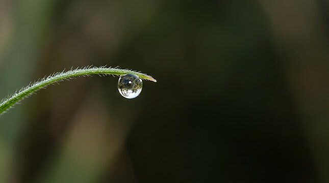 Clear water drop hanging from a green leaf blade in macro