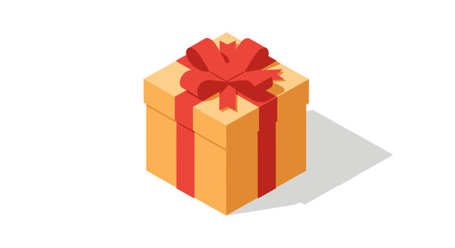 Isometric yellow gift box with red ribbon and bow