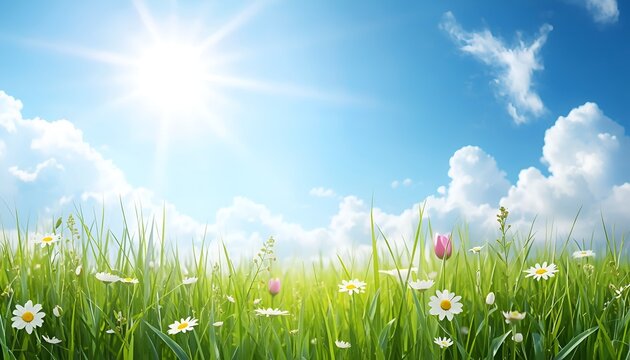 Abstract Spring Nature Background with Fresh Green Grass, Blooming Flowers and Sunny Blue Sky, Seasonal Floral Landscape Banner