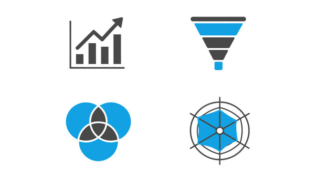 Four business analytics icons representing growth sales funnel Venn diagram and radar chart.