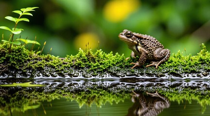 Fototapeta premium Small toad sits on mossy wooden log over calm forest water surface. Brown amphibian rests near green plant growth in swamp environment. Wildlife creature reflects in dark pond liquid. Nature macro