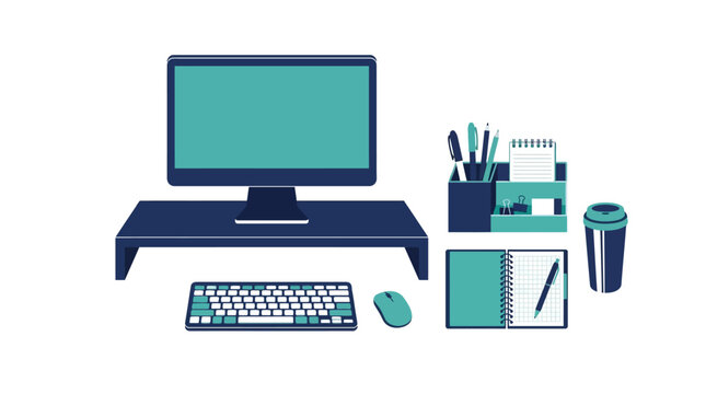 Modern office workspace flat illustration with computer and stationery items.