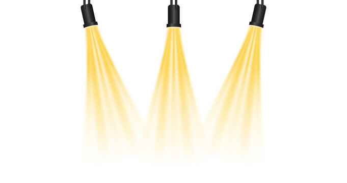 Floodlight beam, illuminated spotlights. Light sources, concert lighting, stage spotlights. Projection studio lights beam. Transparent background