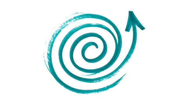 Hand drawn teal blue spiral arrow icon with a sketch texture design element for infographic and digital illustration projects