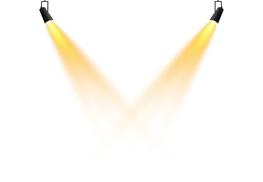 Floodlight beam, illuminated spotlights. Light sources, concert lighting, stage spotlights. Projection studio lights beam. Transparent background