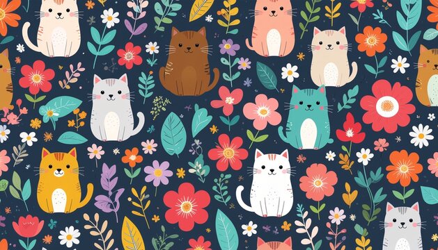 Cute Cartoon Cat Batik Pattern with Floral and Leaf Motifs in Vibrant Multicolor