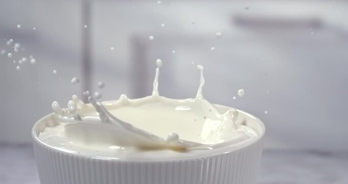 Strawberry falling into a bowl of milk with splash in super slow motion