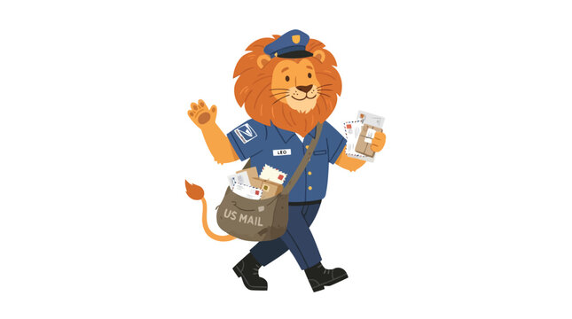Diligent mail carrier lion wearing postal uniform holding letters and messenger bag