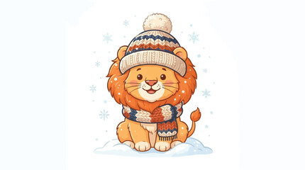 Fototapeta premium Adorable baby lion sitting in snow wearing knitted winter hat and scarf