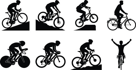 Obraz premium Cyclist Silhouette Collection with Road Mountain BMX and Racing Bicycle Action Poses Vector Set