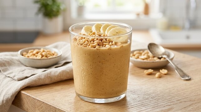 Creamy peanut butter smoothie topped with banana slices and chopped nuts. Healthy breakfast protein shake in a glass on a wooden table