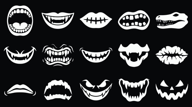 A comprehensive halloween vector bundle featuring various scary monster mouths vampire fangs and creepy teeth silhouettes isolated on a black background
