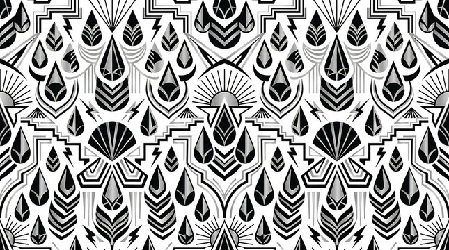 Monochrome art deco seamless pattern with geometric shapes and drops