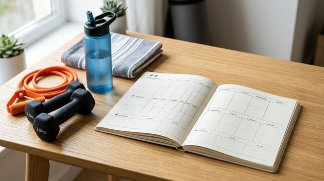 Open fitness planner notebook on a wooden desk with dumbbells and water bottle. Workout log and exercise planning concept