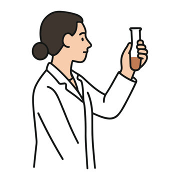 Side-profile illustration of a scientist in a lab coat holding and inspecting a test tube containing brown liquid, clean vector style highlighting laboratory experiment and analysis