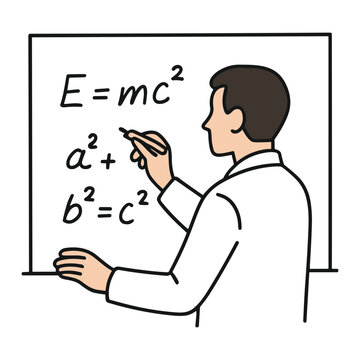 Illustration of a male instructor writing physics and mathematics equations on a whiteboard, including E=mc^2 and a^2 + b^2 = c^2 during a classroom lecture.