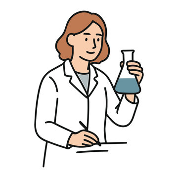 Illustration of a female scientist in a white lab coat holding an Erlenmeyer flask with blue liquid while taking notes at a laboratory bench, conducting chemistry research.