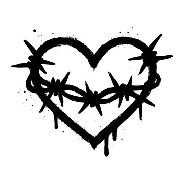 Grungy black spray-painted heart wrapped in barbed wire with dripping paint and splatter effects on white background, edgy tattoo-style graphic symbolizing love pain and protection