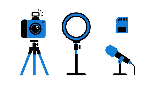 Set of vlogging equipment icons for content creators.