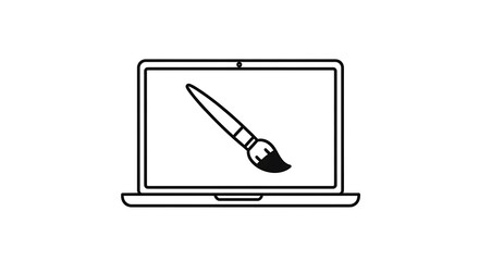 Obraz premium Flat line art illustration of a laptop with a paintbrush icon on the screen for digital art and design concepts