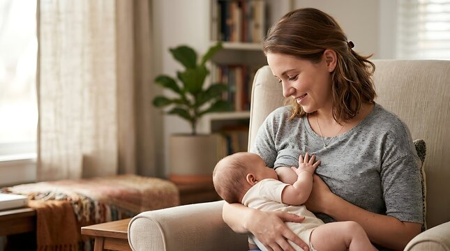 Mother breastfeeding her infant in a cozy armchair at home