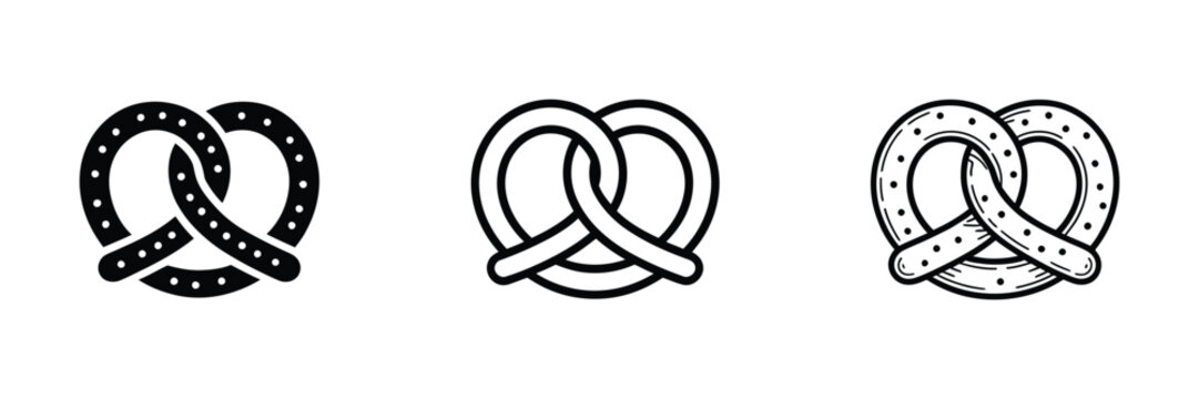 Pretzel icons illustrating bakery snack, baked bread, and German culture symbols in solid, outline, and hand drawn sketch styles with clean minimalist vector graphics for food branding, restaurant men