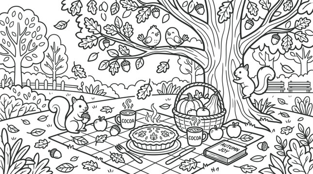Cute woodland animals having a picnic under a large tree in an autumn forest coloring page design
