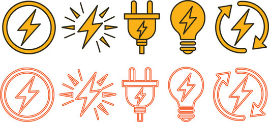Fototapeta premium Electric Energy Icon Set with Power Lightning Plug Bulb Recharge Symbols in Outline and Filled Vector Styles