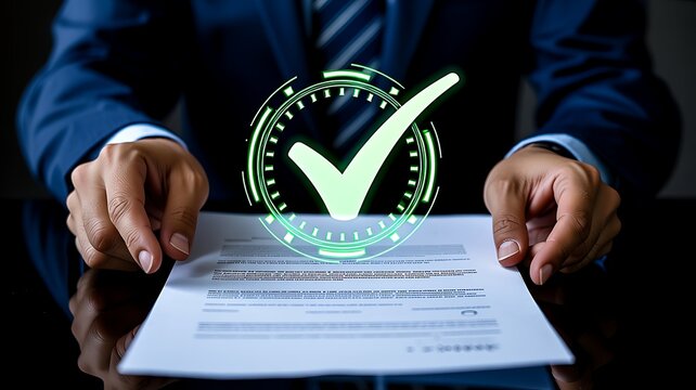 Business approval concept with glowing checkmark above signed contract document
