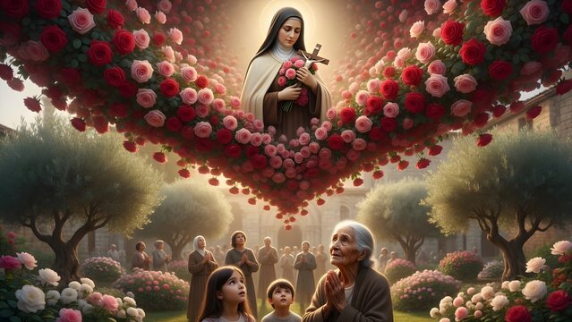 Saint Th&eacute;r&egrave;se of the Child Jesus, thousands of red and pink roses unfolding like a vast mantle above children, elders and worshippers gathered in trust, peaceful church garden surrounded by olive tree