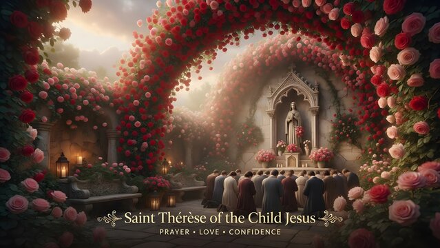 Saint Th&eacute;r&egrave;se of the Child Jesus, thousands of red and pink roses descending to form an ornate floral arch above kneeling worshippers in a parish courtyard, elegant devotional garden with candles, sto