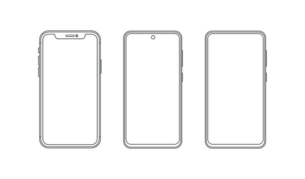 Set of modern smartphone outline icons, mobile phone templates with different screen notch designs vector