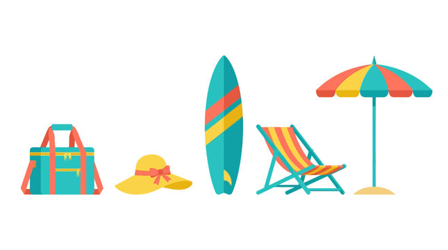 Set of colorful summer beach vacation travel accessories.