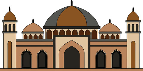 Islamic mosque illustration with large central dome and symmetrical minarets in traditional architectural style. © SarwarGfx
