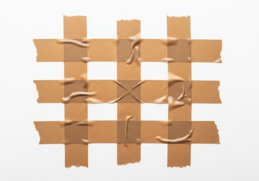 Grid pattern made of brown adhesive tape strips isolated on white background for office and craft concepts