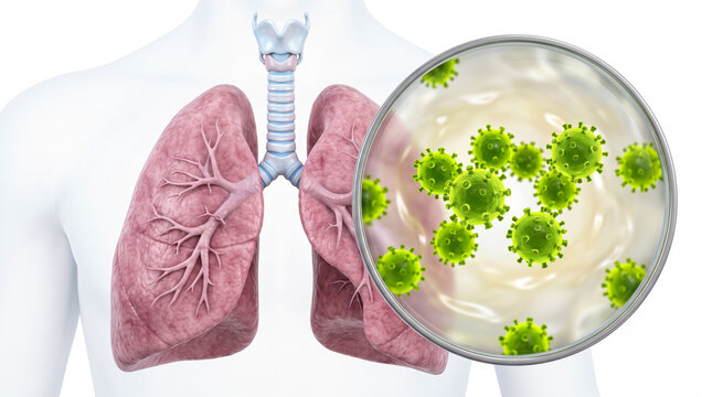 3D medical illustration showing lungs infected with coronavirus particles under microscope magnification