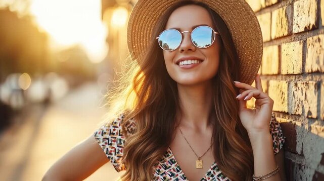 Smiling young woman in a straw hat and sunglasses leaning against a brick wall during golden hour, subtle push in with warm evening light and bokeh