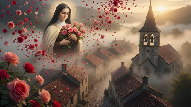 Saint Th&eacute;r&egrave;se of the Child Jesus, thousands of red and pink roses falling over a quiet European village as church bells call people to prayer, cobblestone lanes, tiled rooftops and a small parish chur