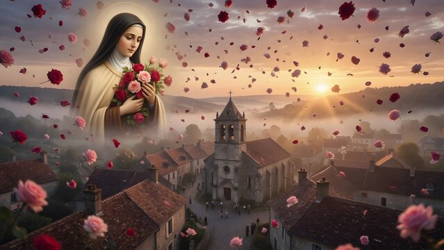 Saint Th&eacute;r&egrave;se of the Child Jesus, thousands of red and pink roses falling over a quiet European village as church bells call people to prayer, cobblestone lanes, tiled rooftops and a small parish chur