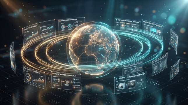 Futuristic Earth holographic panels global data visualization glowing rings blue gold tones advanced technology planetary connectivity digital monitoring integration    generative ai