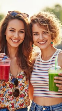 Two young women friends smiling outdoors enjoying colorful smoothies together in summer outfits. casual lifestyle portrait and friendship moment.