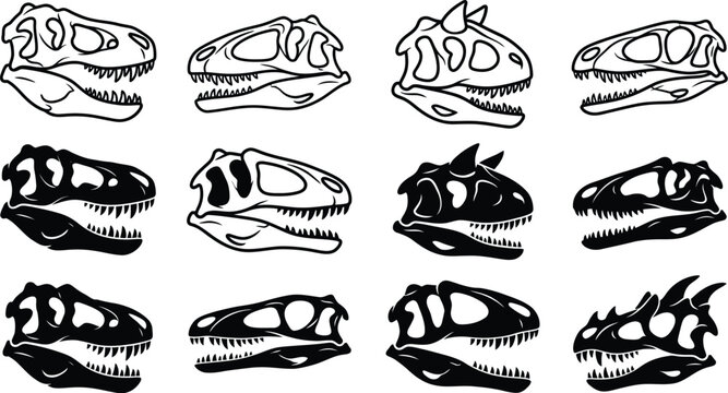 Collection of dinosaur skull illustrations in black and white line art featuring various prehistoric reptile heads with transparent backgrounds