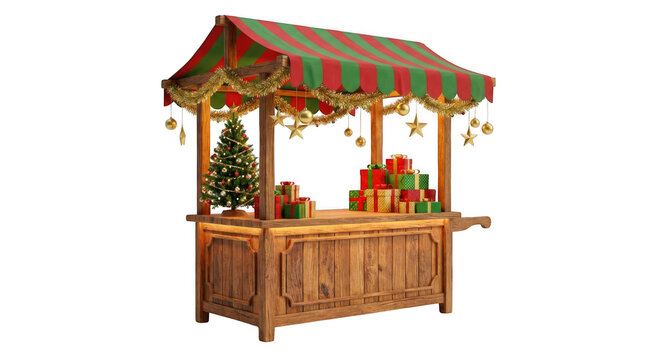 Christmas market stall with gifts and a small tree isolated on transparent background